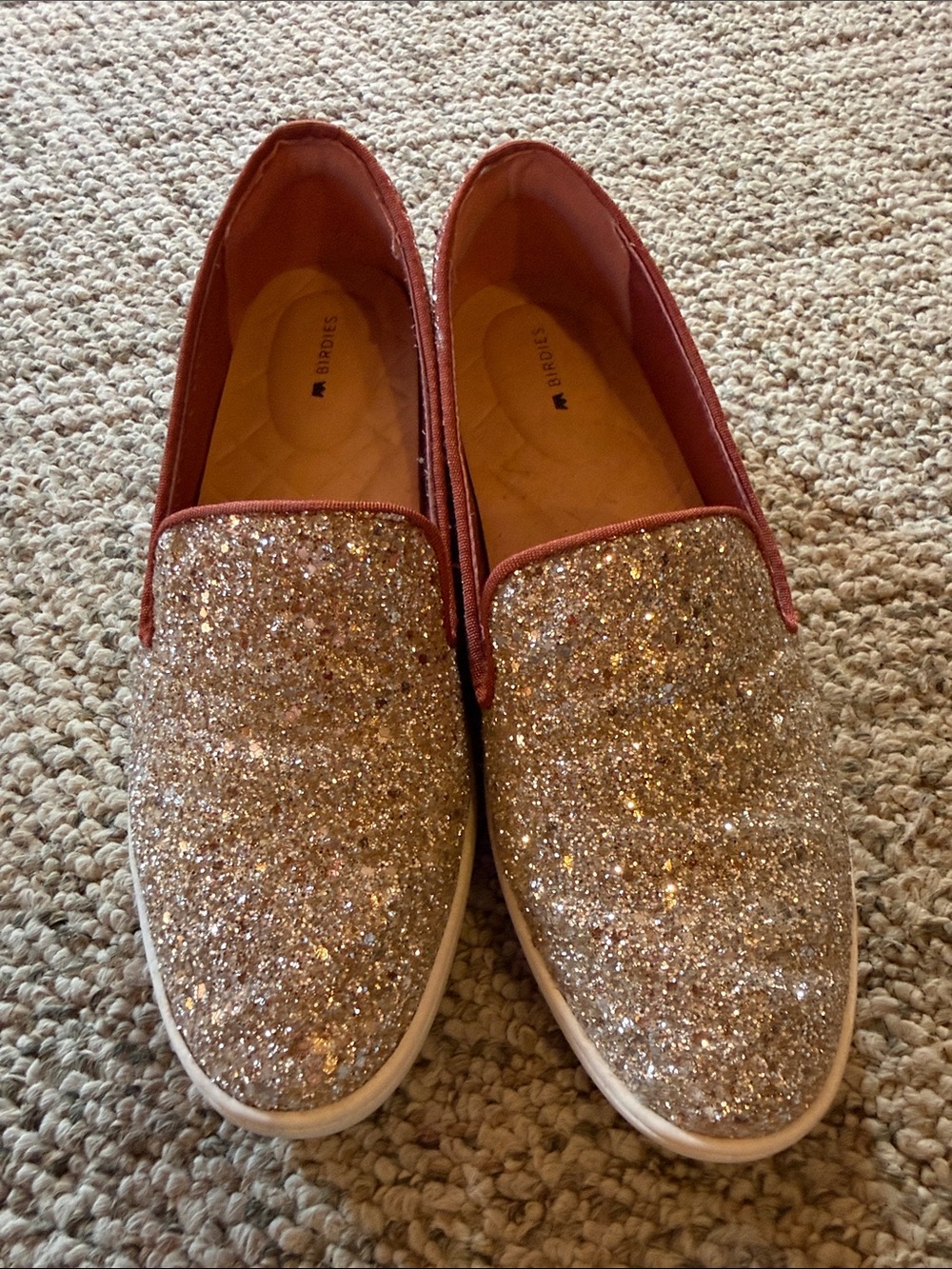Birdies Glitter Slip-On Flats in Rose Gold and Coral